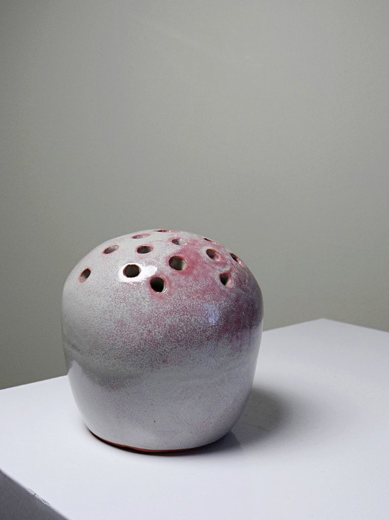 Image 1 of Glazed terracotta flower frog signed PB 86, vintage 1980s