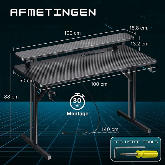 Image 1 of Five Stars® Game Bureau - 100x50x75 cm - Game Bureau met LED Verlichting - Zwart Carbon