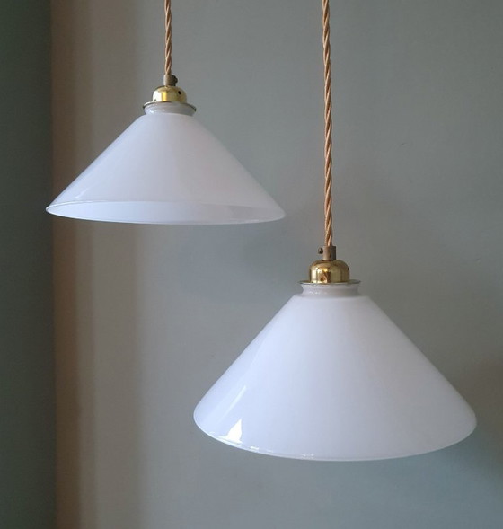 Set Vintage Pendant lamps - Milk glass, banker's lamps. – Metal (photo 8 of 21)