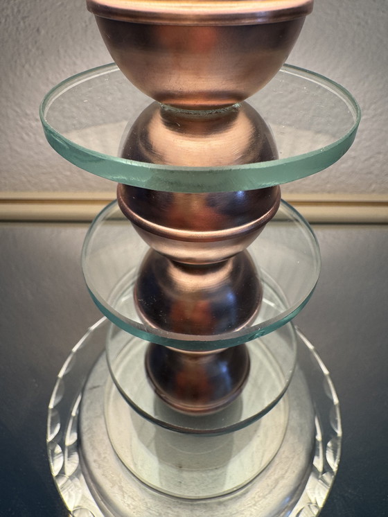 Image 1 of Kleine Art Deco glazen en koperen Bauhaus lamp
