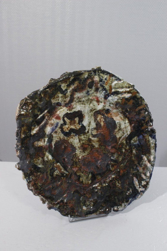 Image 1 of Large Glazed Stoneware Dish Polychrome Art Brut Abstract Brutalist XXth Century