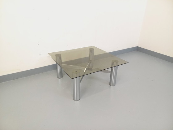 Image 1 of Vintage Italian square Space Age coffee table in smoked glass and chrome metal from the 1970s