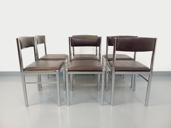 Image 1 of Set di 6 sedie vintage anni '70 in metallo cromato e similpelle marrone