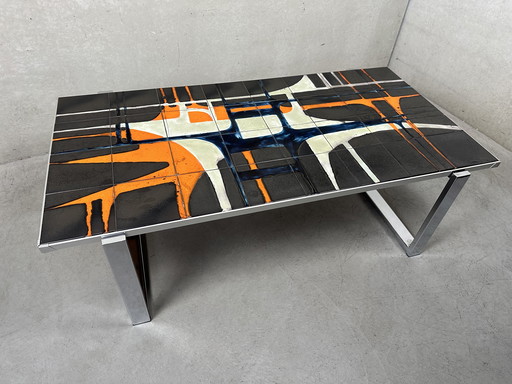 Table basse vintage - céramique et chrome - Denisco
