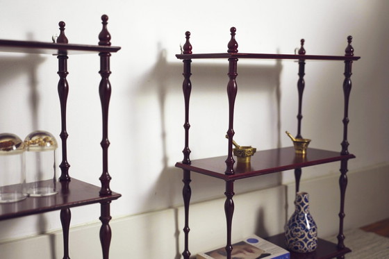 Image 1 of Mahogany-Finish Hanging Wall Shelf Set of 2 Pair, Traditional Spindle Display Shelves, Vintage Colonial Style Decorative Modula