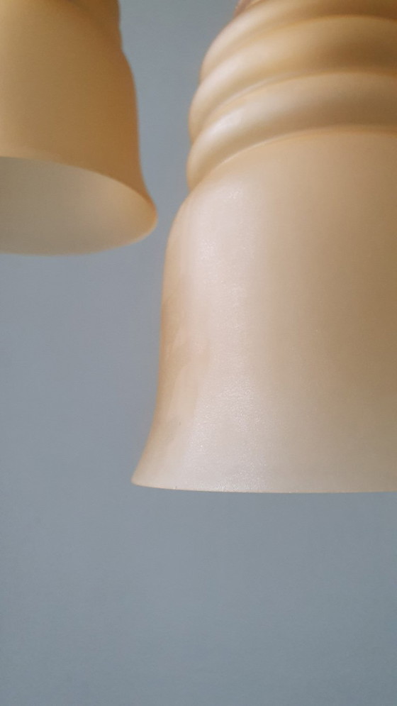 Image 1 of Set Vintage franse hanglampen in klokvorm - gekleurd glas.