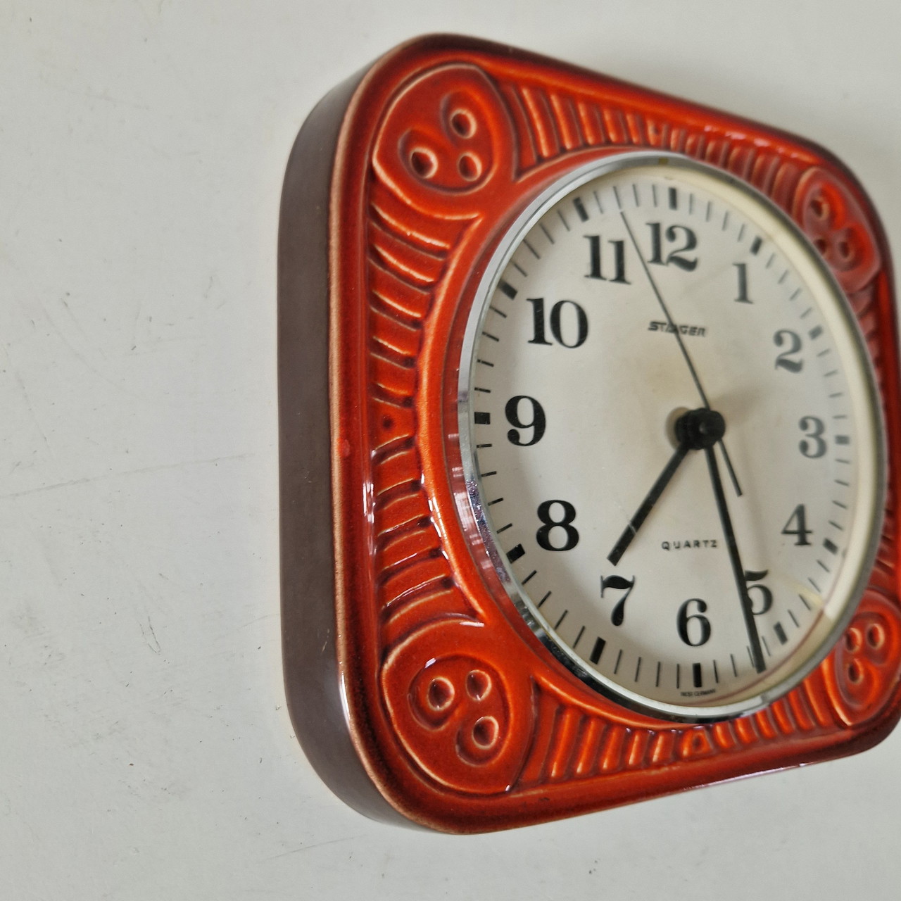 70er Jahre Vintage Orange Keramik Uhr Staiger Quarz Küchenuhr