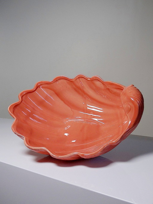 Large shell cup, stoup, Rococo style, Vintage salmon earthenware