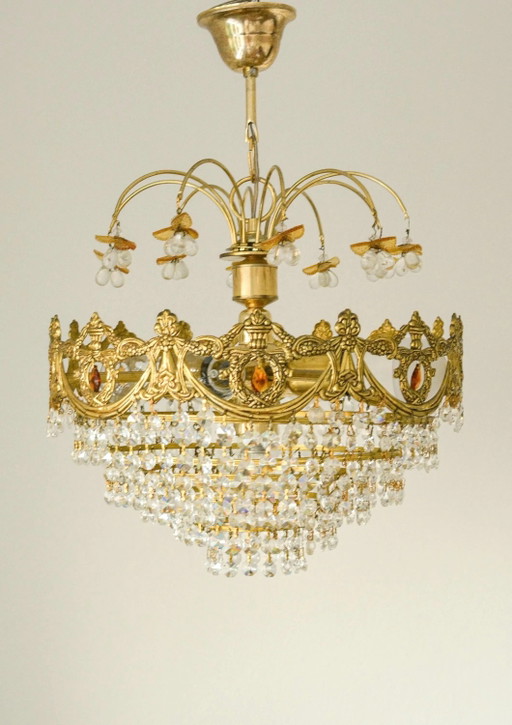 Vintage Spanish Crystal Fruit Chandelier, Orange Glass, Brass, 5-Light, 1970s