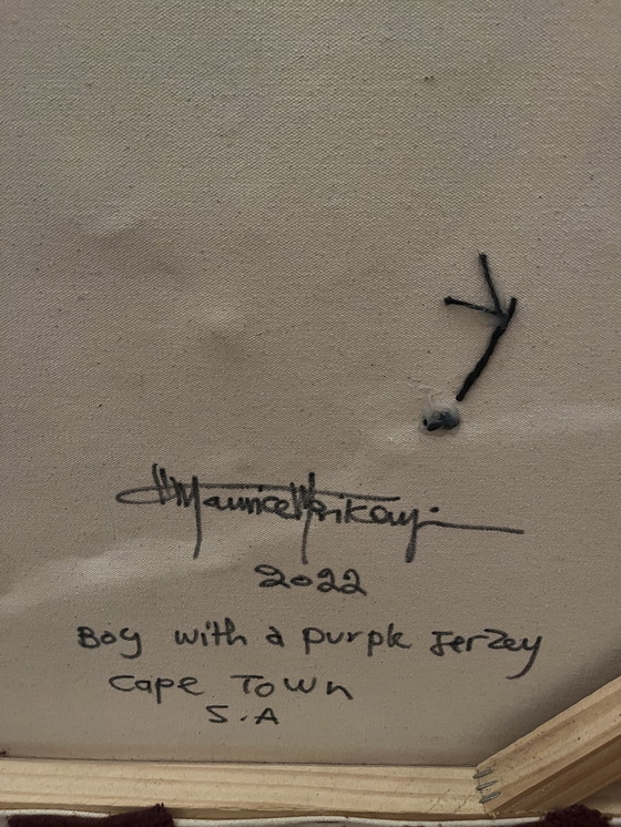 Image 1 of Maurice Mbikayi - “Ragazzo con maglia viola”, tecnica mista su tela