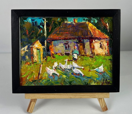 Original Oil Painting Rural Landscape Village Geese in the Yard