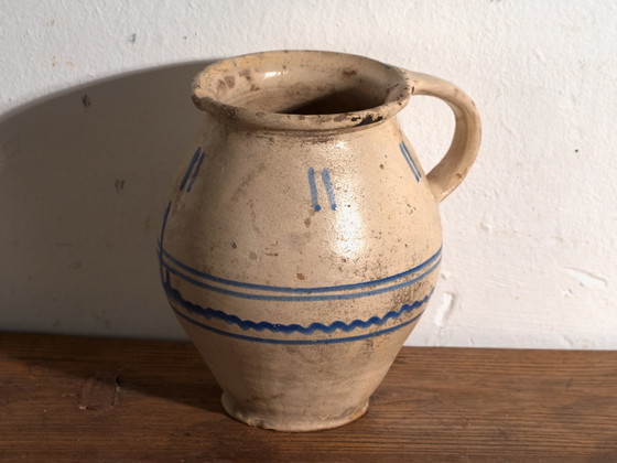Pair of Antique Glazed Ceramic Bowl and Jug, Central Europe, circa 1900, Crockery, Blue (photo 10 of 14)