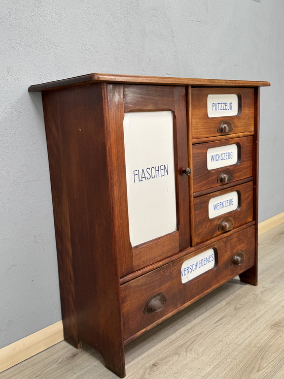 Image 1 of Antique kitchen cabinet with porcelain drawer plates | ca. 1900-1930
