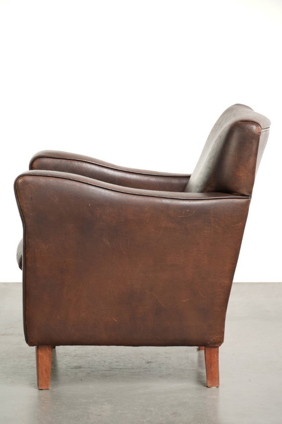 Fauteuil Subtil Foncé Vintage En Cuir De Mouton Avec Coussin Fixe Et Design Intemporel – Leather, Klassiek (photo 5 of 12)