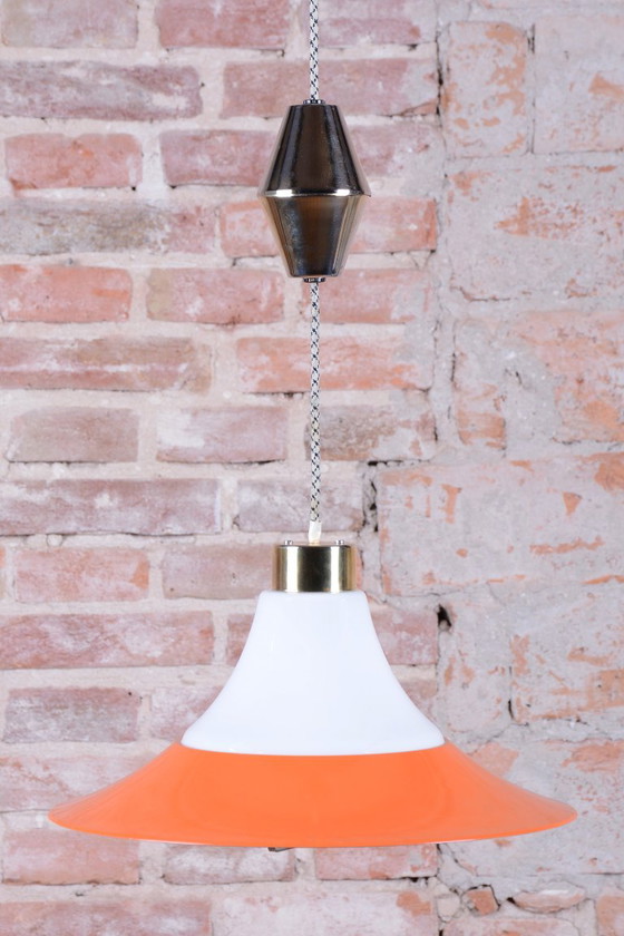 Restored Mid-Century Chandelier, Brass, Lacquered Steel, Czech, 1960s, Pendant lamps, Glass, Metal, Gold (photo 13 of 14)