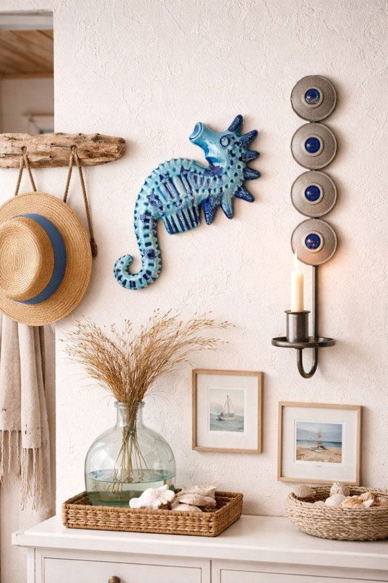 Image 1 of Raro portacandele da parete brutalista/industriale scandinavo con cabochon in vetro blu, Svezia c.1960