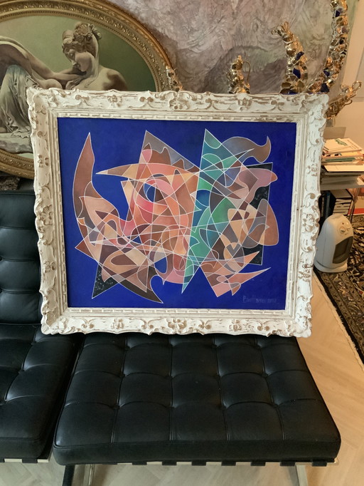 Dipinto astratto con cornice in legno antico