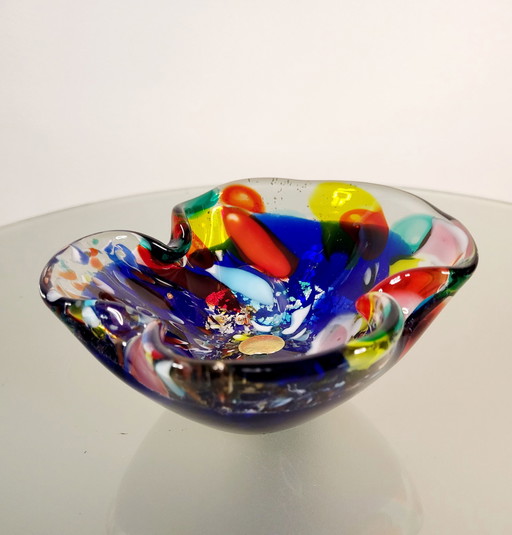 Cuenco multicolor de Murano, diseño orgánico soplado a boca con hojas de plata, Italia