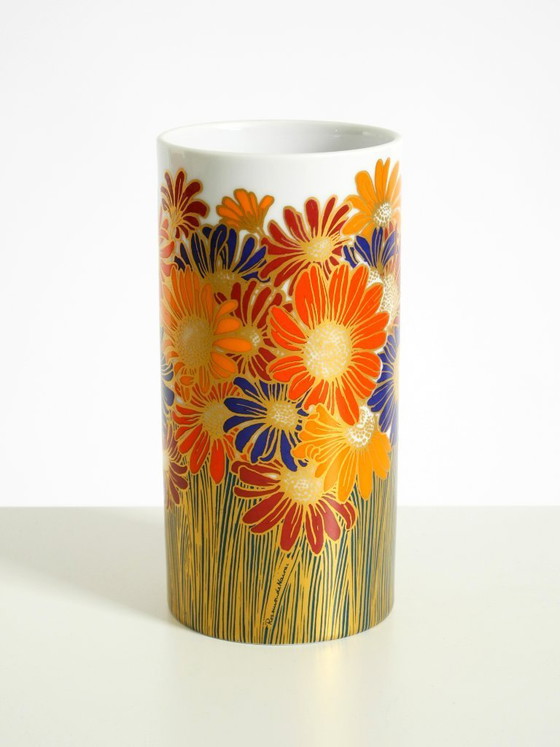 Image 1 of Beautiful 1980s porcelain vase by Rosemonde Nairac for Rosenthal Studio-Linie, featuring colorful daisies