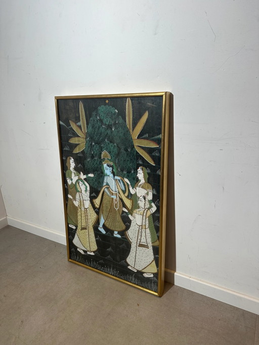 Pintura antigua india de Krishna sobre seda, enmarcada en dorado. – schilderijen tekeningen (photo 2 of 4)