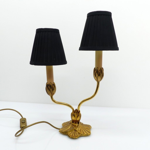 Bronze two-armed water lily lamp, Lucien Gau, France 1990