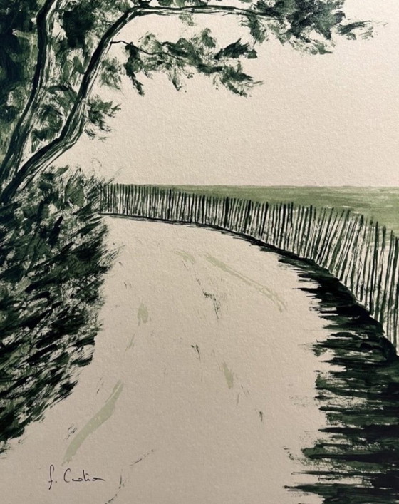 Image 1 of Tinta verde oliva sobre papel natural, 40x30cm