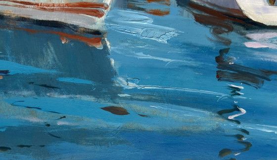 Image 1 of Original Oil Painting River Boats Landscape Summer Yacht Club