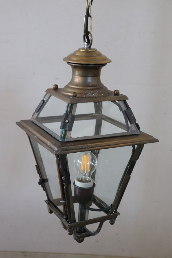 Image 1 of Lanterne vintage en laiton et verre, Italie, années 1980 environ