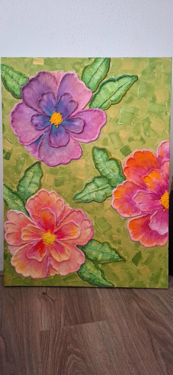 Image 1 of Handmade Texture Flower Painting – Colorful Modern Wall Decor