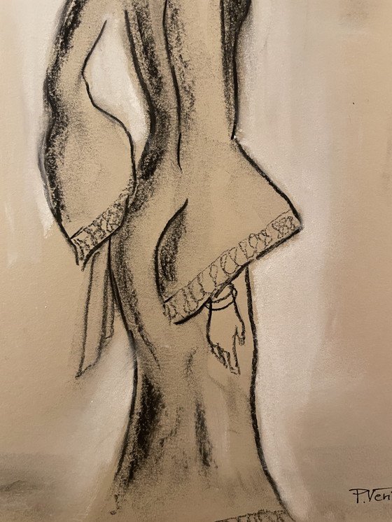 Image 1 of Retrato femenino en blanco pastel y carboncillo, pintura "Moda" firmada