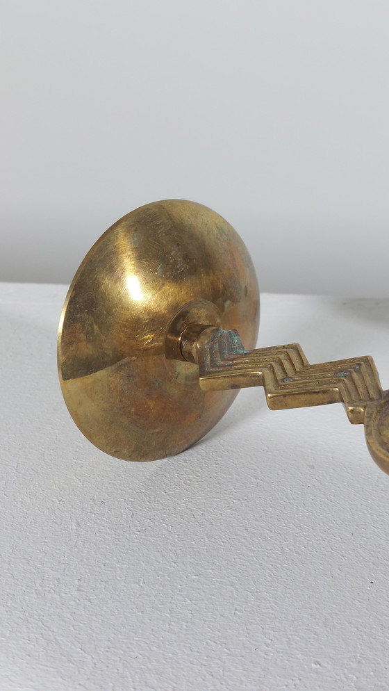 Image 1 of Pair of patinated vintage brass candlesticks, Memphis style, 1980s