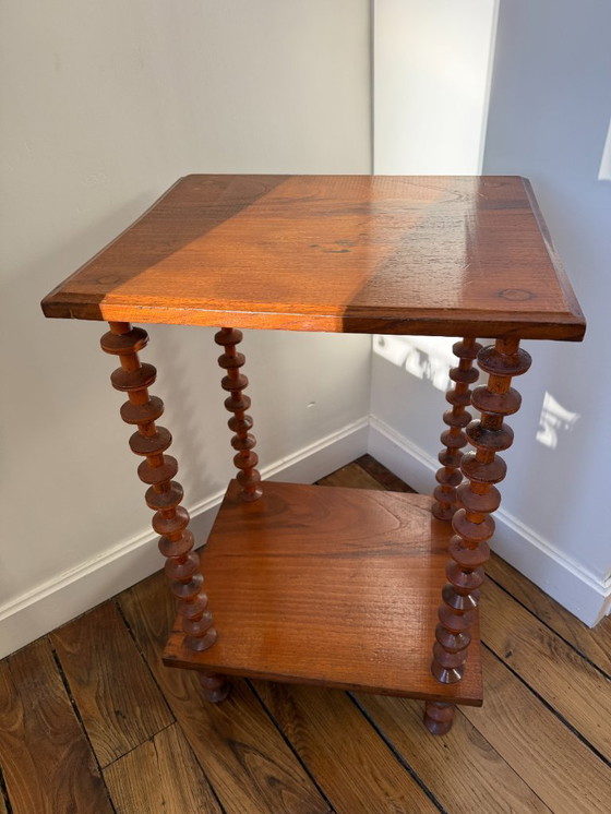 Image 1 of Table d'appoint / sellette en bois art déco étagère bobines années 50