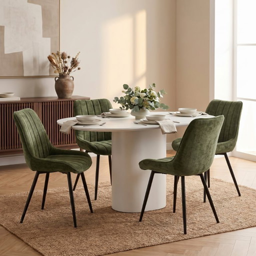 Juego de 4 sillas tapizadas en verde oliva: sillas de comedor tapizadas en tela de chenilla de alta calidad y con patas de metal
