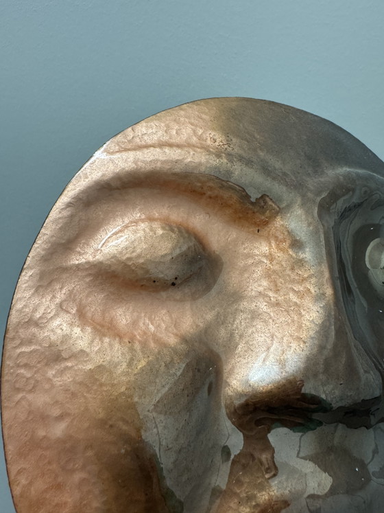 Image 1 of 1960s repoussé and enameled brass face sculpture