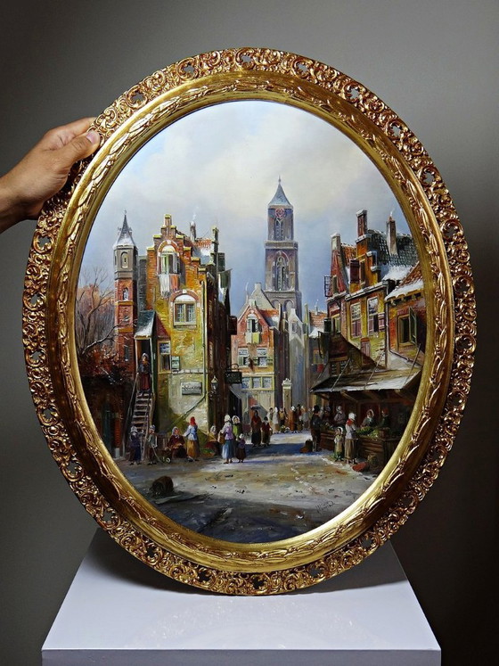 Image 1 of Large framed urban scene oil painting on wood by John Haanstra, vintage
