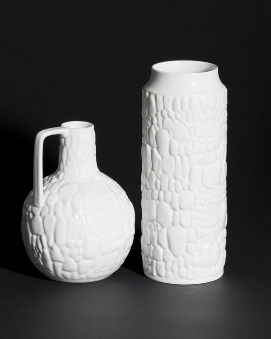 Image 1 of Manfred Frey AK Kaiser Glossy Porcelain Vase Fossil REPTILE Relief Op Art DUO