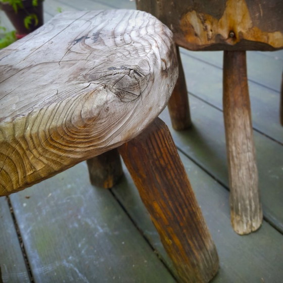 Image 1 of Pair of Brutalist tripod stools in grey pine. France, 50s