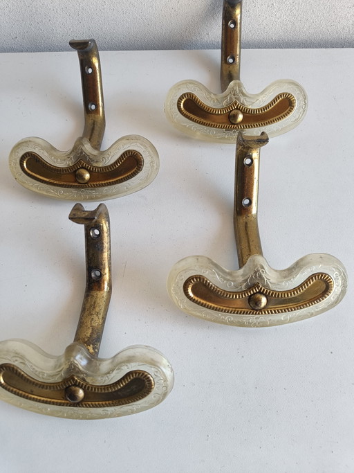 Set of 4 Vintage Wall Hooks in Gilt Metal and Decorative Plastic – Italian Design 1950s/60s
