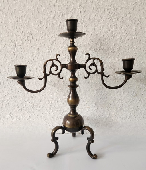 Candelabro antiguo de 3 brazos, bronce macizo, forjado a mano, estilo barroco. – kapstokken, Metal, Bronze