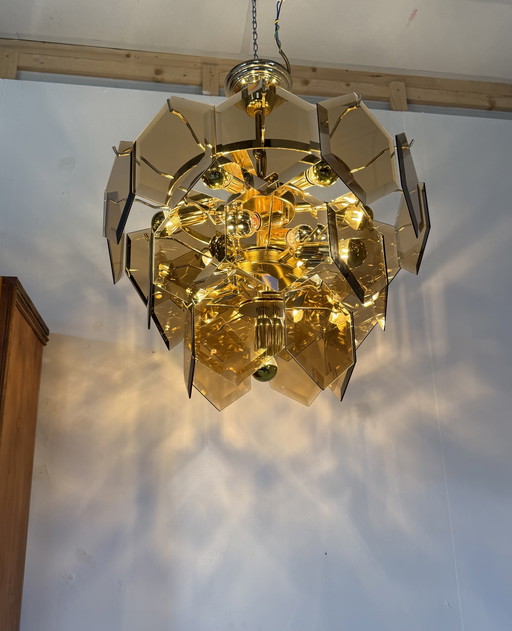 Vintage hexagon rookglazen kroonluchter, Italië ‘70