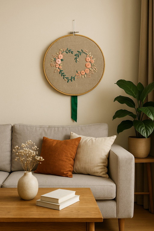Boho Floral Embroidery Wall Art – Heart Wreath Design – 37cm