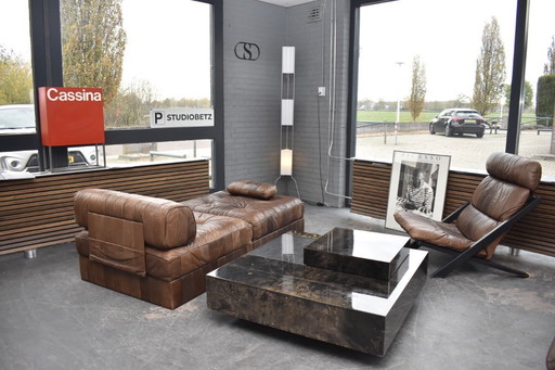 Vintage rood perkament en stalen salontafel met bar van Aldo Tura, Italië 1960