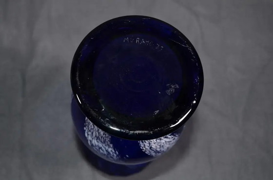 1970s Murano Blue Glass Baluster Vase With Iattimo Decoration, Signed – Murano Glass (photo 9 of 10)