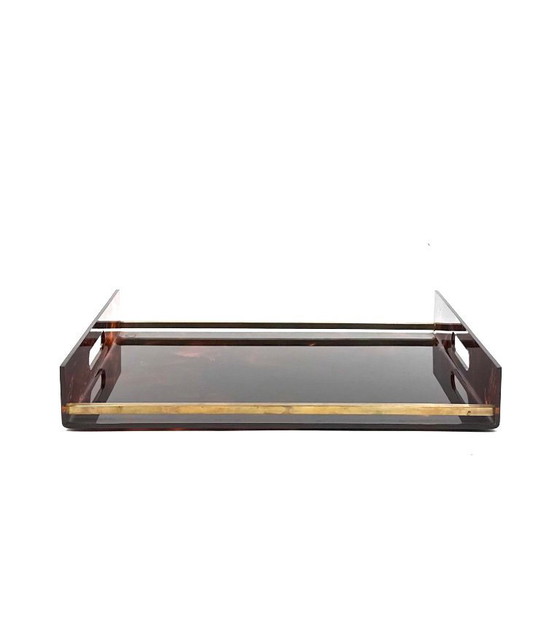Image 1 of Hollywood Regency dienblad van messing en lucite met schildpadmotief, Italië, jaren 70.