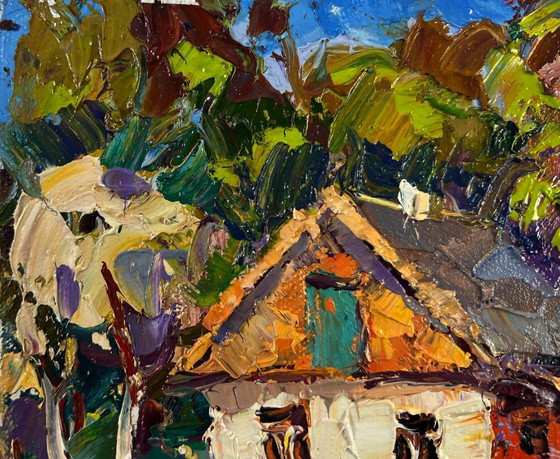Image 1 of Original Oil Painting Village Day Landscape Village under the summer sky