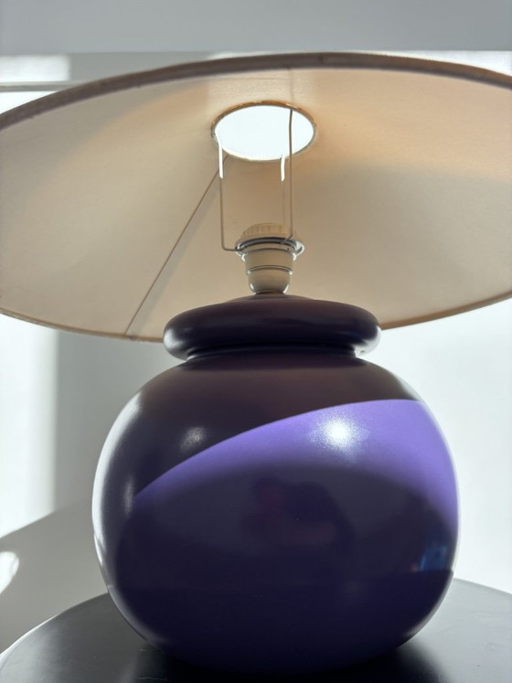Postmodern Kostka France Table Lamp (Purple, 1980s) with Vintage Moiré Shade – Ceramic (photo 11 of 14)