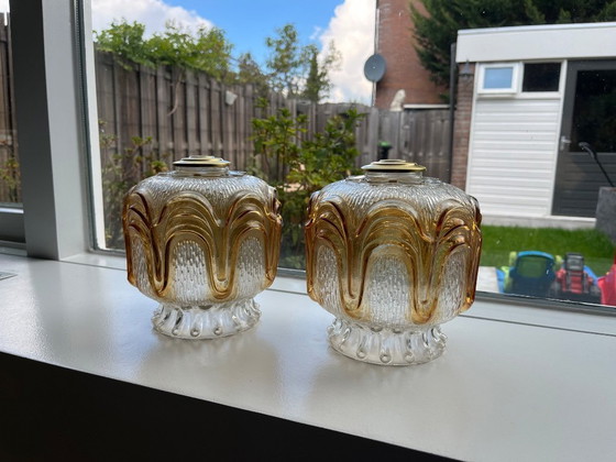 Image 1 of Deux abat-jour vintage en verre ambré