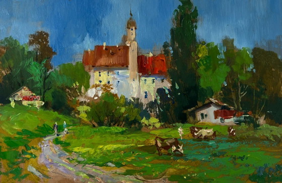 Image 1 of Original Oil Painting Summer Village Landscape Castle overlooking the endless steppe