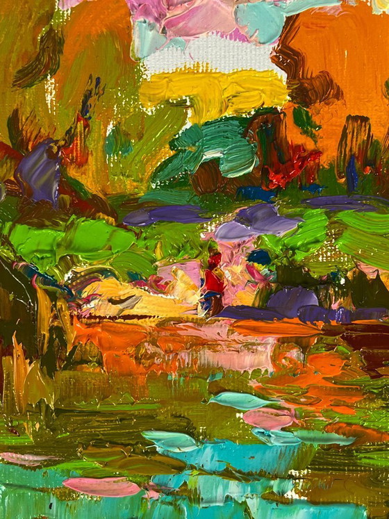Image 1 of Pintura al óleo original: Paisaje natural, bosque, orilla del río Sunny