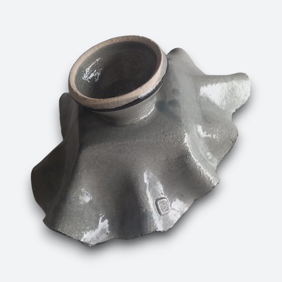 Image 1 of Studio ceramic bowl on foot with organic shape and gray glaze – signed studio mark